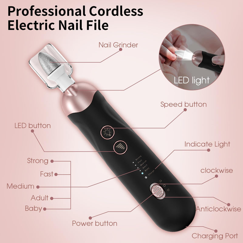 Professional Manicure Pedicure Kit, Cordless Electric Nail File Set, Rechargeable Pedicure Tools for feet, 5 Speeds Hand Foot Care Nail Drill for Thick Nail Toenail Cuticle Women Men Baby Pets Black