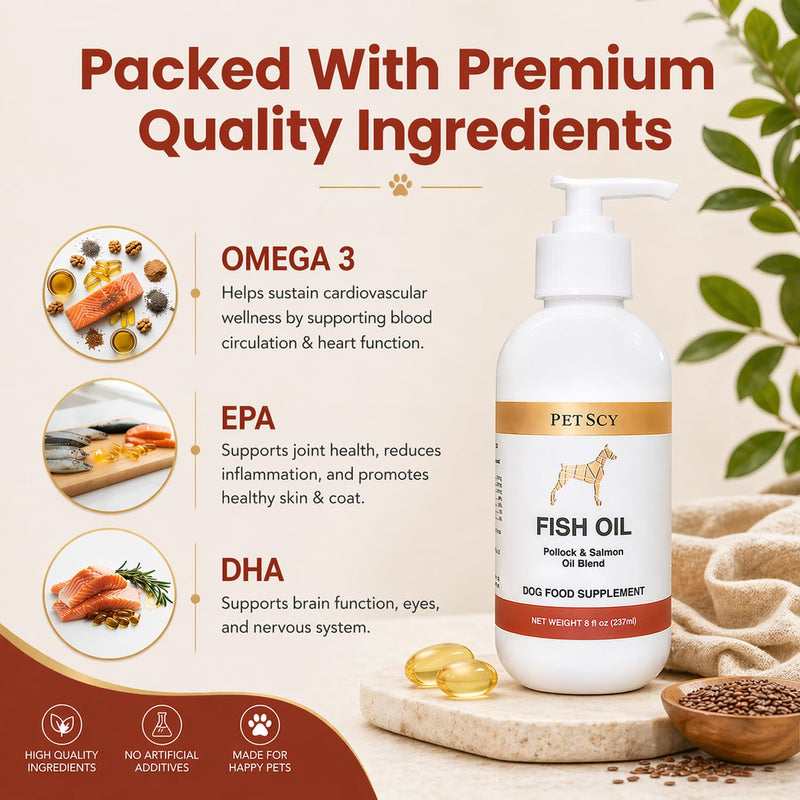 PetScy Omega-3 Fish Oil for Dogs – Supports Healthy Skin, Shiny Coat & Joint Mobility | Pure Wild-Caught Fish Oil with EPA & DHA | Natural Dog Supplement for All Breeds & Sizes – 8 fl oz