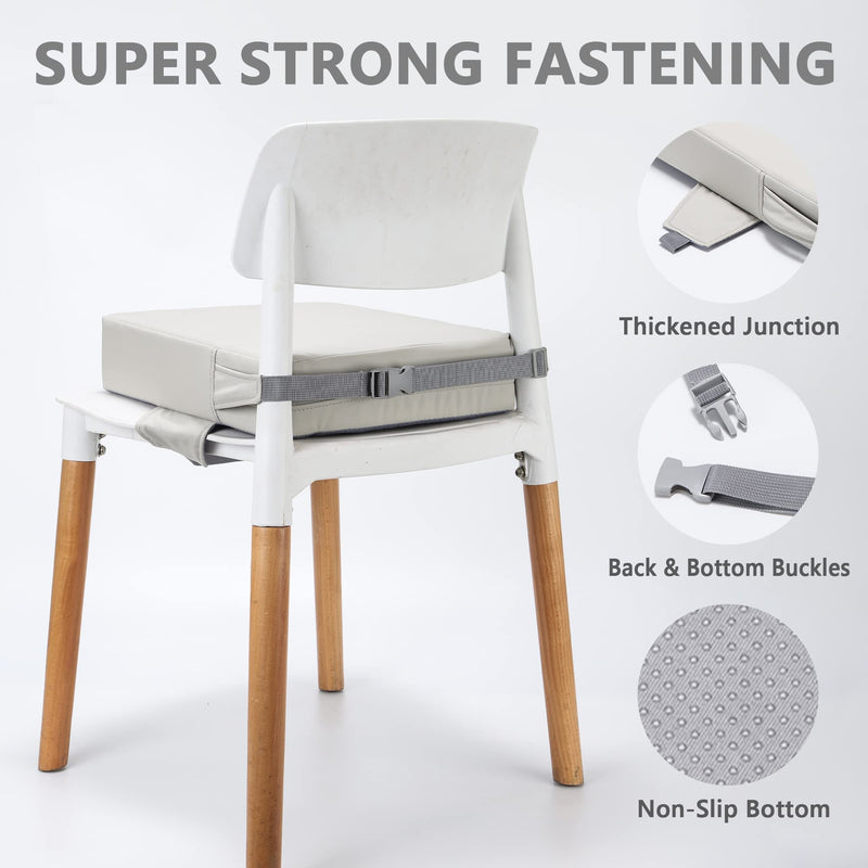 Toddler Booster Seat for Dining Table (PU Material),Portable Kids Booster Seat with Safety Buckles, High Cushion for Travel with Non-Slip Bottom Waterproof PU - Gray - BeesActive Australia