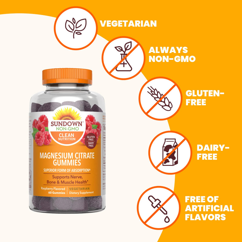 Sundown Magnesium Citrate Gummies, Supports Nerve, Bone & Muscle Health, Vegetarian, Raspberry Flavored, 60 Count (Pack of 2) 60 Count (Pack of 2)