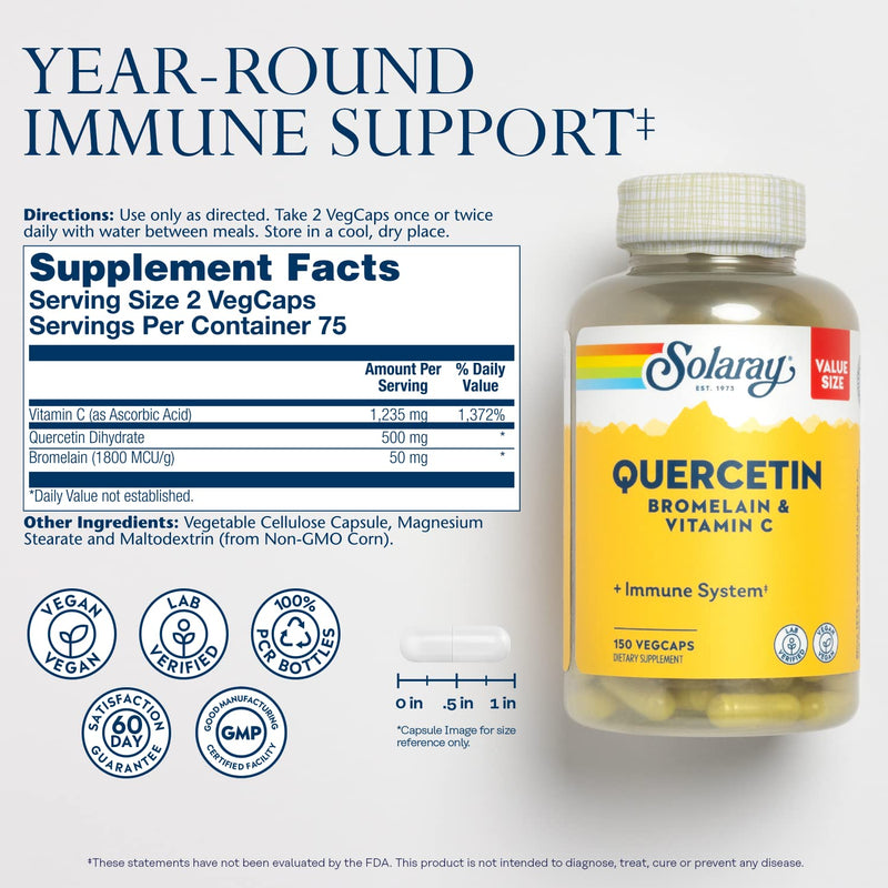 SOLARAY Quercetin Bromelain & Vitamin C, Immune System, Sinus, Respiratory & Antioxidant Activity Support, Vegan, 500mg of Quercetin & 1,235mg of VIT C, 60 Day Guarantee, 75 Servings, 150 VegCaps 150 Count (Pack of 1)