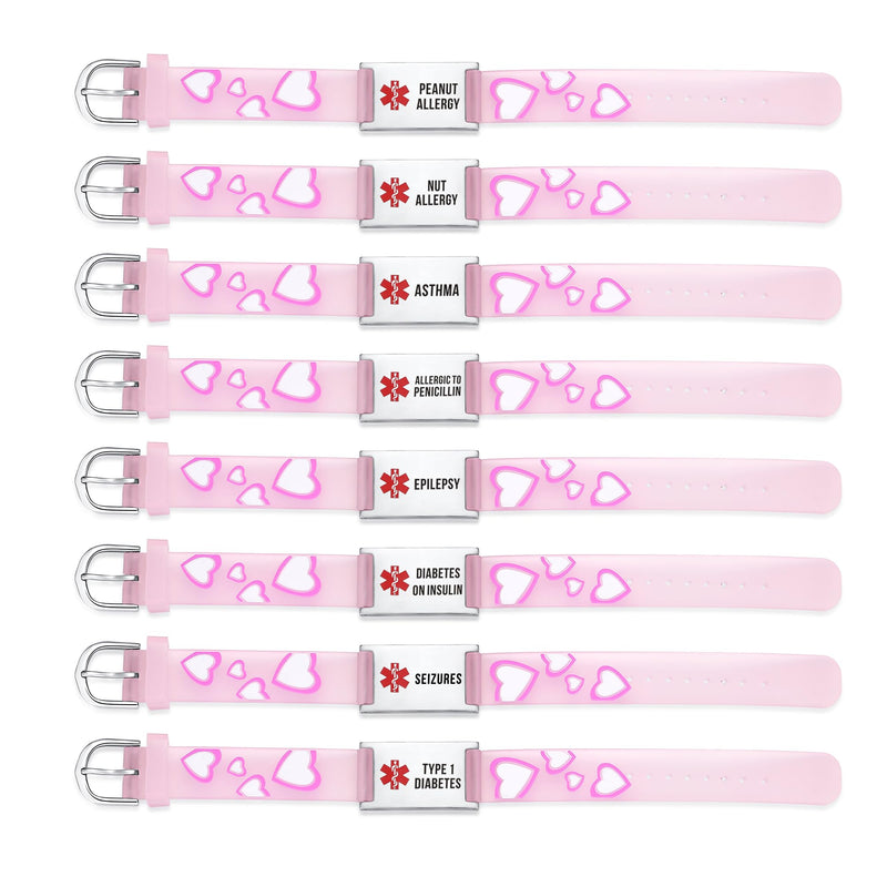LinnaLove cartoon medical alert id bracelets Parents gift to Son, daughter, brother, sister PINK HEART type 1 diabetes