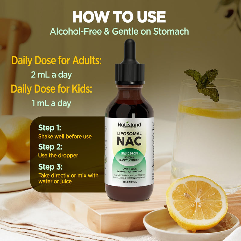 Liposomal Liquid NAC Drops, NAC Supplement N-Acetyl Cysteine, NAC 600 mg with Milk Thistle & Quercetin for Adults & Kids, Liver & Lung Support, Immune & Antioxidant, Skin & Cellular Health, 2 Fl Oz