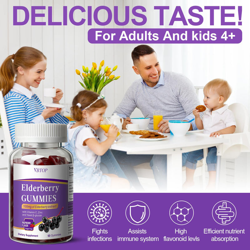 Sambucus Elderberry Immune Gummies, 5-in-1 with Vitamin C & Zinc, 120 Count | Sugar Free Elderberry Supplement for Adults & Kids 4+, Gluten Free & Vegetarian 2 bottle