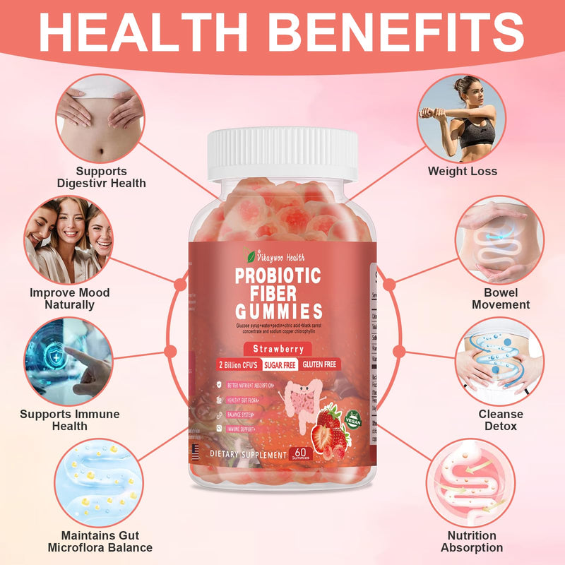 Probiotic Fiber Gummies for Adults, No Sugar Added Strawberry Flavor– 120 Billion CFUs –Vitamin C,Vitamin D–Digestive Health & Regularity Support(60 Count) 1 Count (Pack of 60)