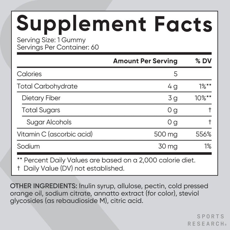 Sports Research® Vitamin C Sugar-Free Gummies 500mg, 60 Count | Immune Support & Antioxidant Gummies | Sugar Free, Vegan, Gelatin Free, Non-GMO Gummy