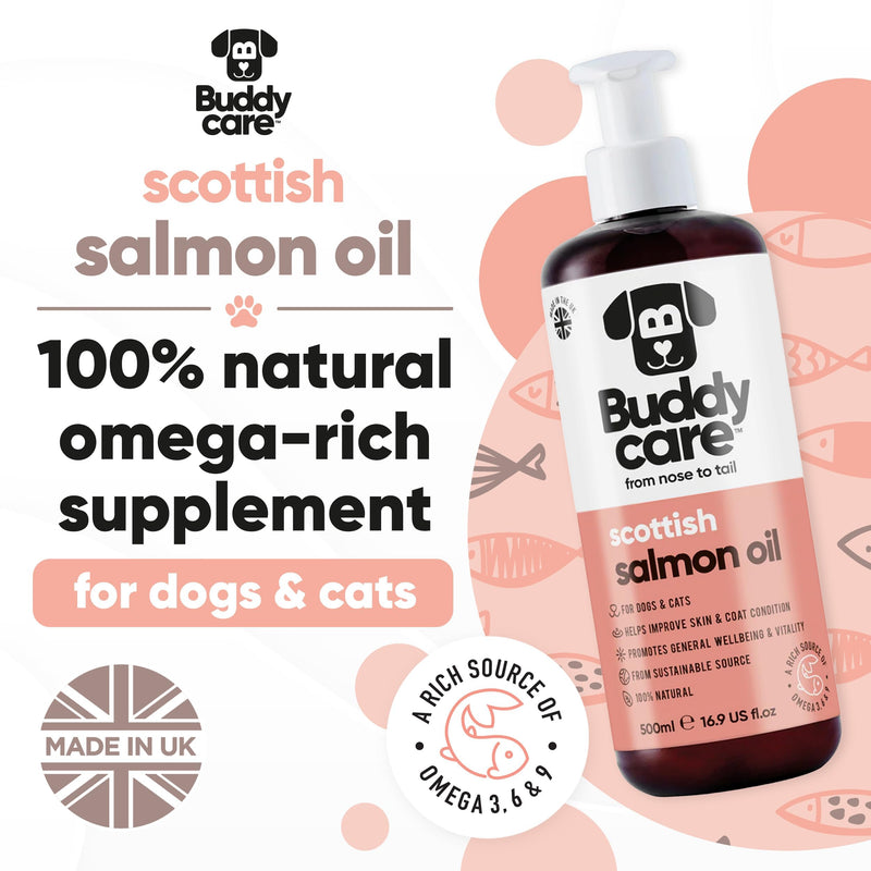 Buddycare Scottish Salmon Oil for Dogs and Cats (16.90 fl.oz) 100% Natural & Sustainable Supplement | Rich in Omega 3, 6 & 9 for Boosting the Health & Vitality of your Pet’s Skin, Coat & Immune System