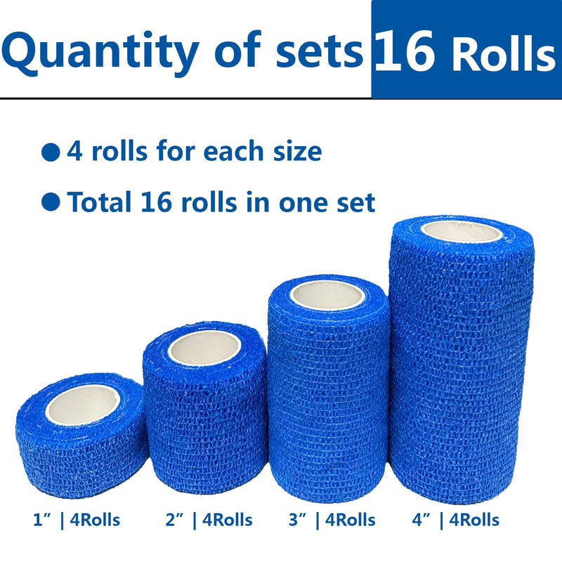 16-Roll 4-Size Self Adhesive Bandage Wrap Set (1, 2, 3, 4 inch x5 Yards) - Professional Elastic Athletic Tape for Medical Bandaging, Sports Support, Home & Pet Care - Blue 1in & 2in & 3in &4in 16 - BeesActive Australia