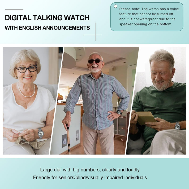 Hearkent Digital Talking Watch with Pedometer,Announces time/Date/Steps/Calories in English,Gift for Elderly,Blind&Visually impaired,5 Alarm Reminders+Hourly Chime,EL Backlight Matte silver expansion band