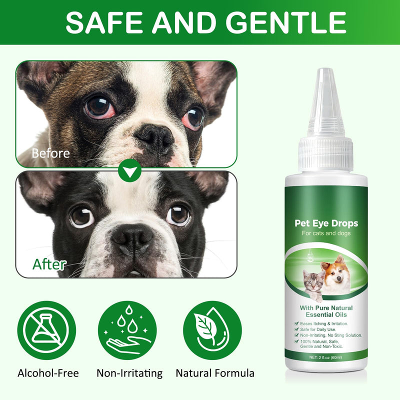 Dog Eye Drops 60ml, Pet Eye Drops for Dog & Cat, Relieve Eyes Itching & Irritation, Natural Eye Care Solution, Remove Tear Stains, Safe for All Animals
