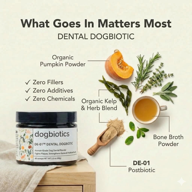Dogbiotics DE-01 Dental Powder for Dogs – Human-Grade Oral Postbiotic, Helps Fight Plaque & Tartar, Supports Gum Health & Fresh Breath – 60 Scoops (2 oz / 60g) Pack of 1