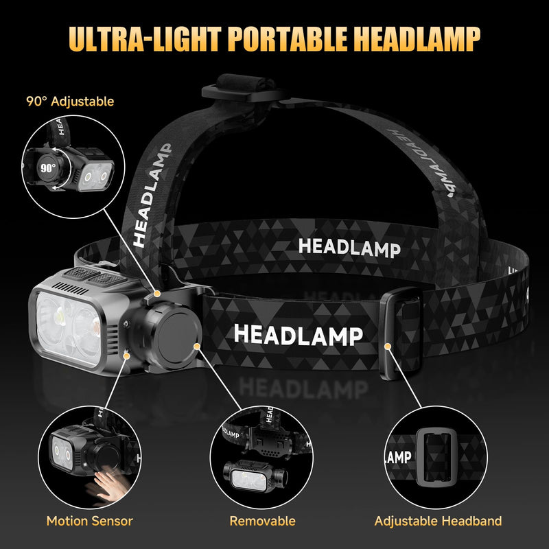 Rechargeable LED Headlamp 3 Pack, High Lumen Super Bright Head Lamp with Red Light, Motion Sensor, 5 Modes, 90° Adjustable, Waterproof Lightweight Headlamps for Adult Running, Camping, Hiking