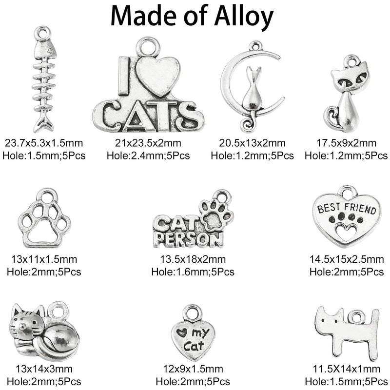 Ornazy 50 pcs 10 Styles Craft Supplies Antique Silver Animals Cat Pet Charms Tibetan Kitten Charms for DIY Necklace Bracelet Jewelry Making - BeesActive Australia