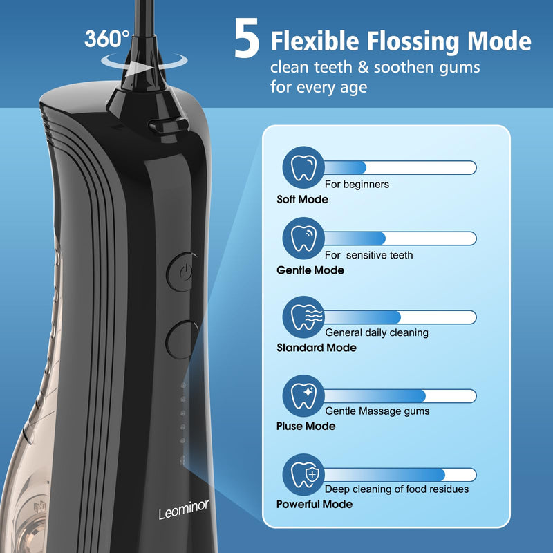 Leominor Water Dental Flosser - 5 Modes Cordless Portable Oral Irrigator, IPX7 Waterproof, Rechargeable Teeth Cleaner Upgrade Datchable Tank Professional Flossing Cleaning Pick for Home Travel (Black) 230ml Black
