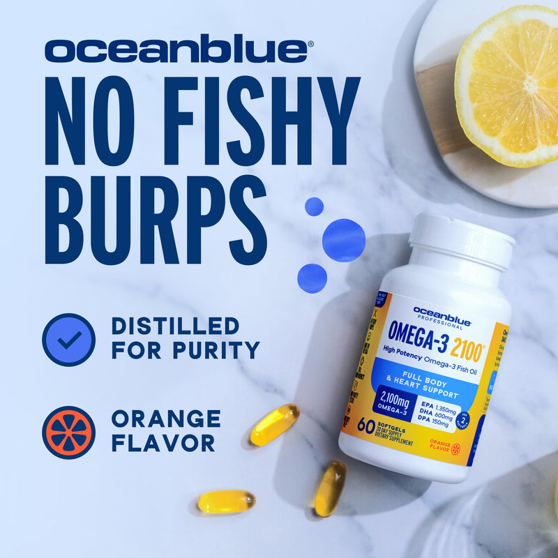 Oceanblue Professional Omega-3 2100 – Triple Strength DPA EPA DHA Omega 3 Supplement – High Potency Burpless Wild Caught Fish Oil – Orange Flavor, 120 Softgels (60 Servings) 120 Count (Pack of 1)