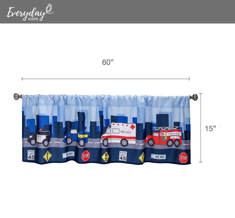 EVERYDAY KIDS First Responder Hero Themed 60x15” Window Valance for Toddler, Baby and Young Boys Bedrooms Window Décor Treatment with Firetruck, Tow Truck, Police Car and Ambulance Little Rescuer - BeesActive Australia