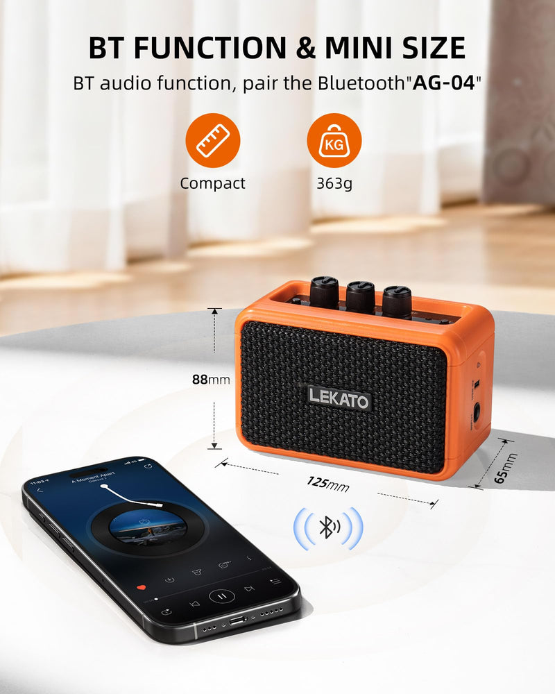 LEKATO Mini Guitar Amplifier AG-04, Dual Speakers 5W, Rechargeable Electric Guitar Amp Bluetooth with Clean Overdrive, 6H Working, Headphone Jack, Wireless Portable Amp for Practice Traveling（Orange） Orange
