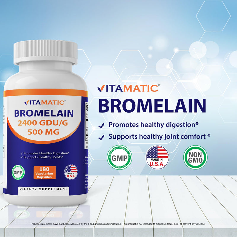 Vitamatic Bromelain Supplement 500mg, 2400 GDU/g, Proteolytic Enzymes, Supports Digestion of Proteins, 180 Count - BeesActive Australia