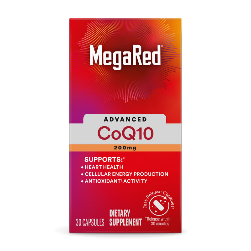 MegaRed Advanced CoQ10 200mg, Heart Health & Cellular Energy, 30ct | Power Antioxidant, Protects Against Free Radicals, No Added Color or Sugar, Fast releasing capsules, Coenzyme Q10, Calcium 30 Count (Pack of 1)