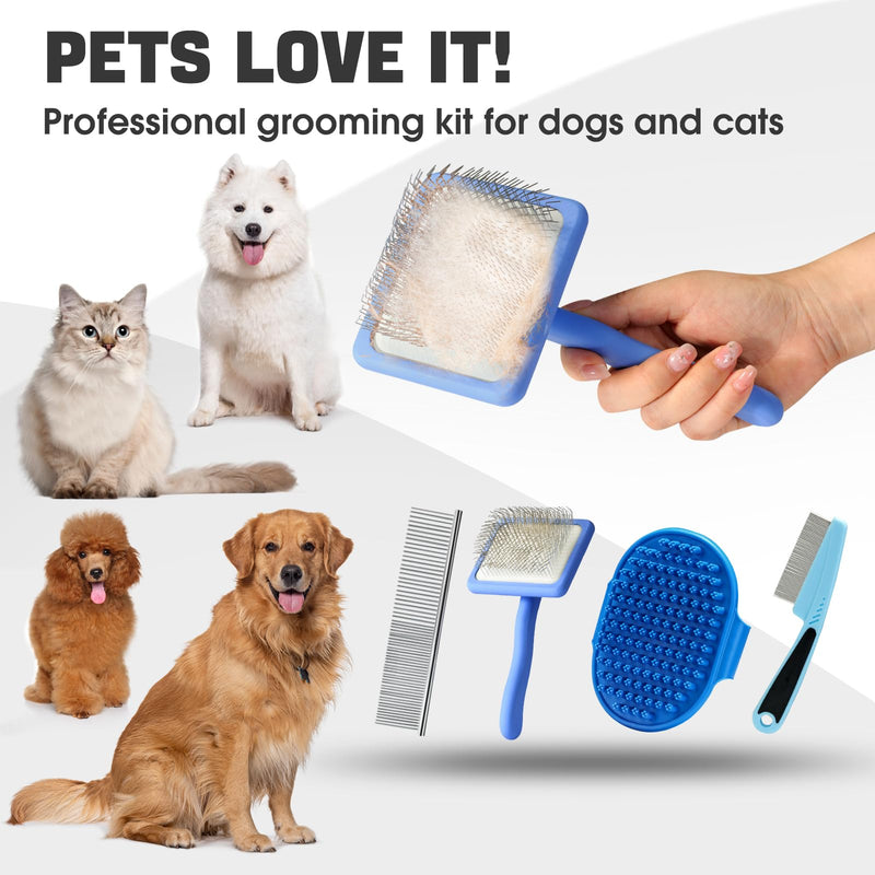 Dog slicker Brush for Dogs Grooming Kit 4PCS | Large Dog Brush for Goldendoodles Poodles Doodles | Long Pin Haired Brush | Dog Bath Brushes Flea Comb(Blue) Blue - BeesActive Australia