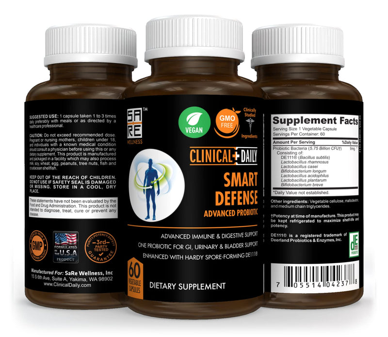 CLINICAL DAILY Smart Defense Mega Spore Probiotic. Bacillus Subtilis Spore Based Probiotics For Women and Men With Lactobacillus Plantarum Good Flora Natural Slim Microbiome Support. 60 Vegan Capsules