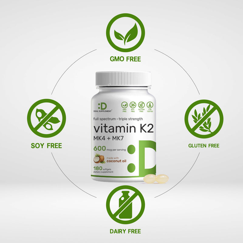 Vitamin K2 Supplement 600mcg, 180 Virgin Coconut Oil Softgels (6 Month Supply) – Full Spectrum MK-7 & MK-4 Forms, High Absorption, Triple Strength K Vitamins – Bone, Joint, & Immune Support – Non-GMO Vitamin K2 MK7 + MK4 - BeesActive Australia