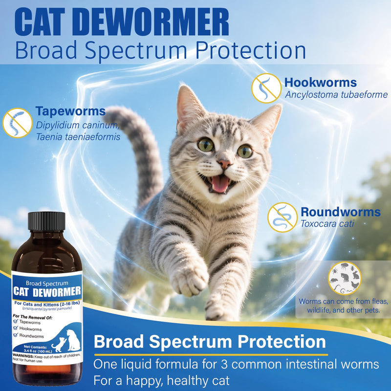 Broad Spectrum Cat Dewormer Liquid for Cats & Kittens (2–16 lbs) – Praziquantel & Pyrantel Pamoate Oral Suspension for Tapeworms, Roundworms & Hookworms, 100 mL with Oral Syringe