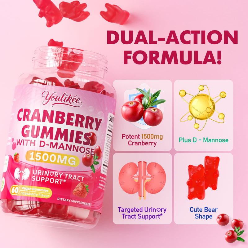 Vegan Cranberry Gummies with D Mannose - Supports Urinary Tract Health for Women & Men, Sugar-Free, Non-GMO and Gluten Free, Strawberry Flavor, 60 Count 60 Count (Pack of 1)