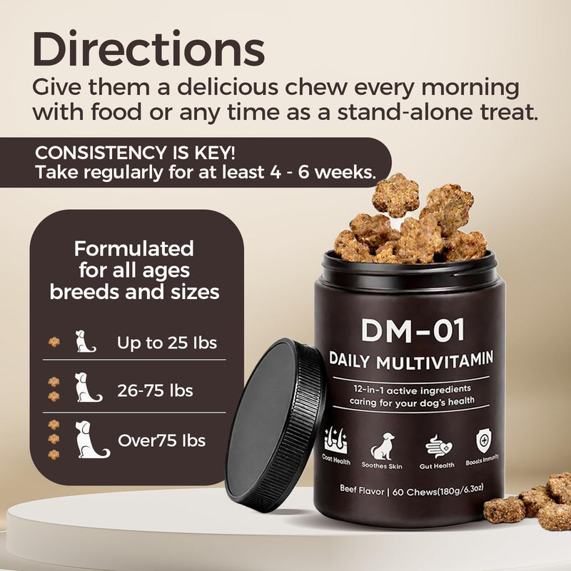 DM-01 Daily Multivitamin for Dogs, Multivitamin Itch Relief Chews Contain Glucosamine Probiotics Salmon Oil for Skin Coat, Gut & Immune Supports, 60 Chews (1) 1