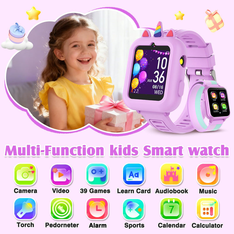 Smart Watch for Kids with 39 Games,Camera,Video,Music Player,Recorder,Alarm,Pedometer,Flashlight,Stopwatch,HD Touch Screen,Borthday Gift Toy for Girls Ages 3-12(Purple) purple