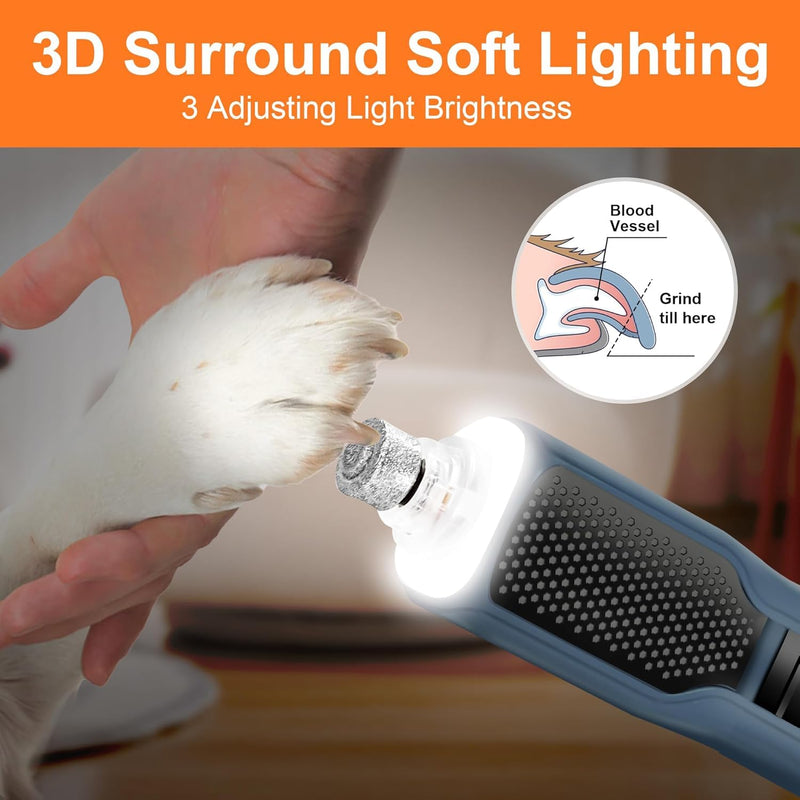 7-Speed Dog & Cat Nail Grinder with Light - Ring LED Safe to Avoid Overcut, Quiet Low Vibration & Powerful Fast, Cordless Rechargeable Toenail Trimmer for Small & Large Puppy & Breeds Paws(Orange) Orange