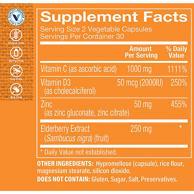 The Vitamin Shoppe Brand Immune Essentials, C D3 Zinc Elderberry, 60 Caps | Immune Support Formula, 1000 MG Vitamin C, 2000 IU D3, 50 MG Zinc, 30-Day Supply, Dairy, Soy, Nut & Gluten Free