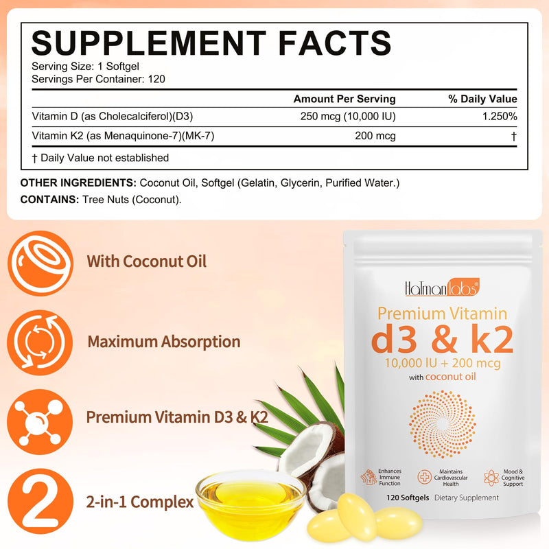 Vitamin D3 K2 Supplement Softgel, Vitamin D3 K2 Softgel with 10000 IU Supports Immune, Heart, Teeth & Bone Health, Free of GMO, Gluten, Soy, 120 Softgels 1 Bag | 60-day Supply