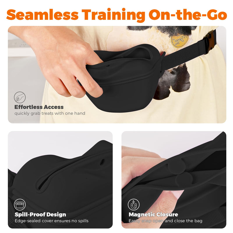 Dog Treat Pouch for Pet Training, 1.67 Cup Magnetic Closure Silicone Dog Treat Bag, Fanny Bag Treat Holder with Waist Belt for Dog Training (Black) Black - BeesActive Australia