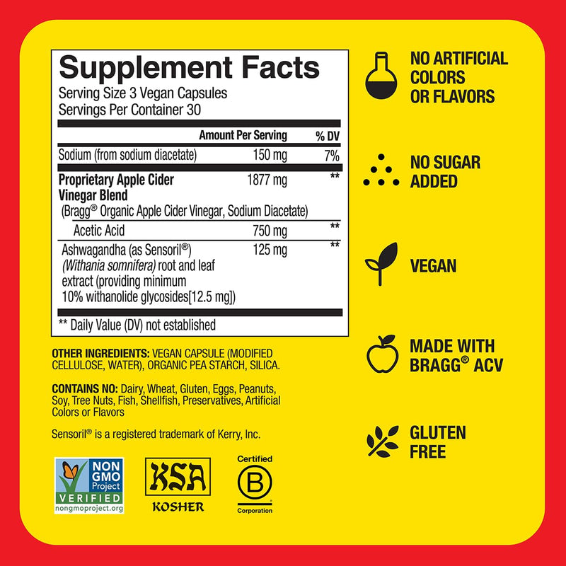 Bragg Daily Balance Apple Cider Vinegar and Sensoril Ashwagandha Capsules - 750mg of Acetic Acid ‚Äì Energy & Weight Management Support - (90 Pills)