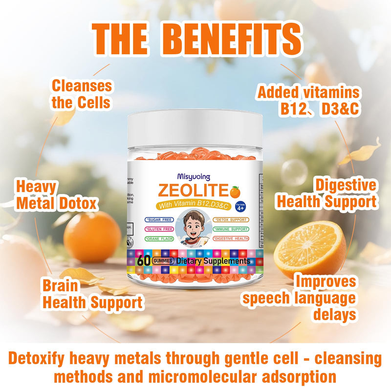 Zeolite for Kids&Adults Supports Cell Restoration,Natural Body Cleanse,Support Digestive Health,Immune System,Improves Focus,Vitamin B12, D3&C, Sugar-Free (60 Count, Orange) 60 Count (Pack of 1)