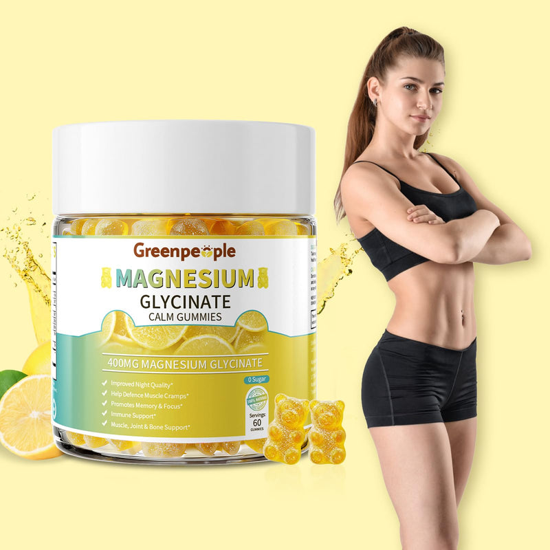 GREENPEOPLE Magnesium Glycinate Gummies 400mg - Lemon, 60ct 2 Pack | Chelated Sugar Free,High Absorption Supplement with Magnesium Citrate,Vitamin D & B6 Calm,Sleep & Stress Support for Adults 60 Count (Pack of 2)