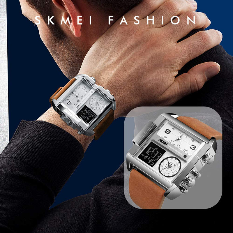SKMEI Men's Digital Sports Watch, LED Square Large Face Analog Quartz Wrist Watch with Multi-Time Zone Waterproof Stopwatch Silver Brown