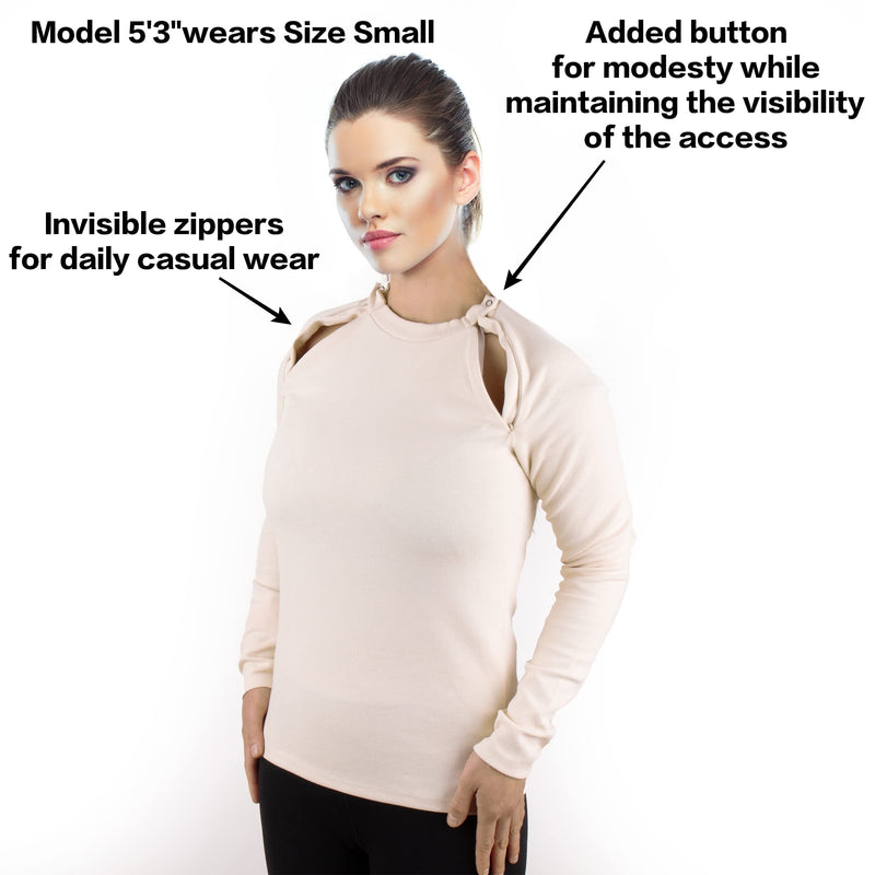 Hemodialysis | Chemotherapy Sweater with Port Access | Invisible Left and Right Chest Zippers for Women Small Off-white - BeesActive Australia