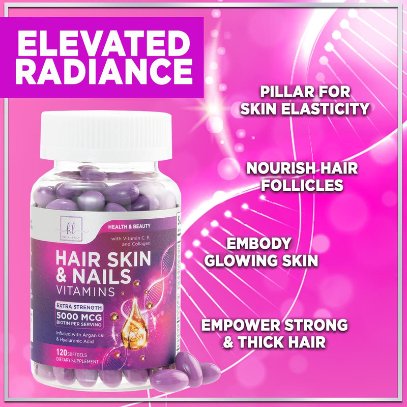 Hair Vitamins for Women for Hair Growth - Argan-Infused Supplement with Collagen, Biotin and Hyaluronic Acid - Supports Faster Hair Growth, Skin & Nails Beauty Vitamins, Bottled in USA - 120 Softgels 120 Count (Pack of 1)