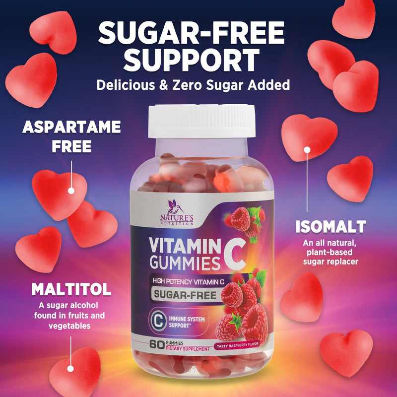 Zero Sugar Vitamin C Gummies - Immune Support & Antioxidant VitaminC Dietary Supplement - Vegan, Non-GMO, Dairy & Gluten Free C Vitamin Gummy - Raspberry Flavor for Kids & Adults - 60 Count Gummies 60 Count (Pack of 1)