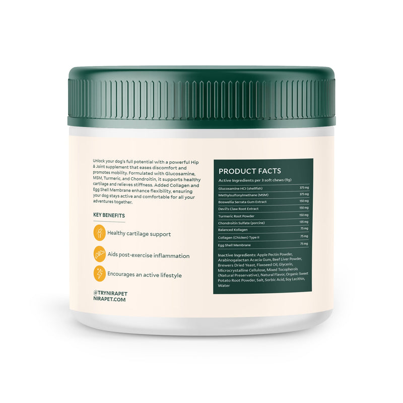 Nira Pet Hip and Joint Supplement for Dogs – Beef Flavor – 60 Soft Chews with Glucosamine, MSM, Chondroitin, Turmeric & Collagen – Supports Mobility, Stiffness & Joint Health