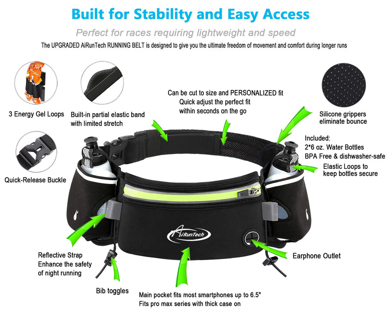 AiRunTech Hydration Running Belt with Water Bottle, Running Fanny Pack for Phone and Wallet Holder, Running Bag Runners Essentials Accessories Marathon Triathlon Walking Jogging Gear Gift BK+GN 2*6 OZ bottles - BeesActive Australia