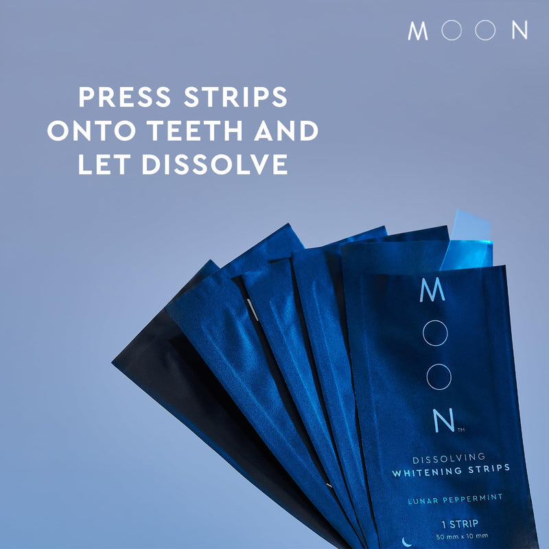 MOON Dissolving Teeth Whitening Strips - Vegan, Easy-to-Use, No Rinse White Strips - Hydrogen Peroxide and Essential Oils Infused Gentle Teeth Whitening Kit - Travel Essentials for Oral Care (56 Ct) Lunar Peppermint (28 Treatments) - BeesActive Australia