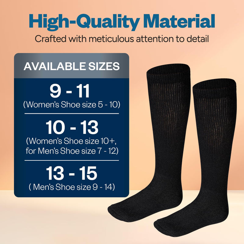 Debra Weitzner Diabetic Socks for Men and Women Over the Calf Knee High Cotton Socks Loose Fit 4 Pairs Black 10-13