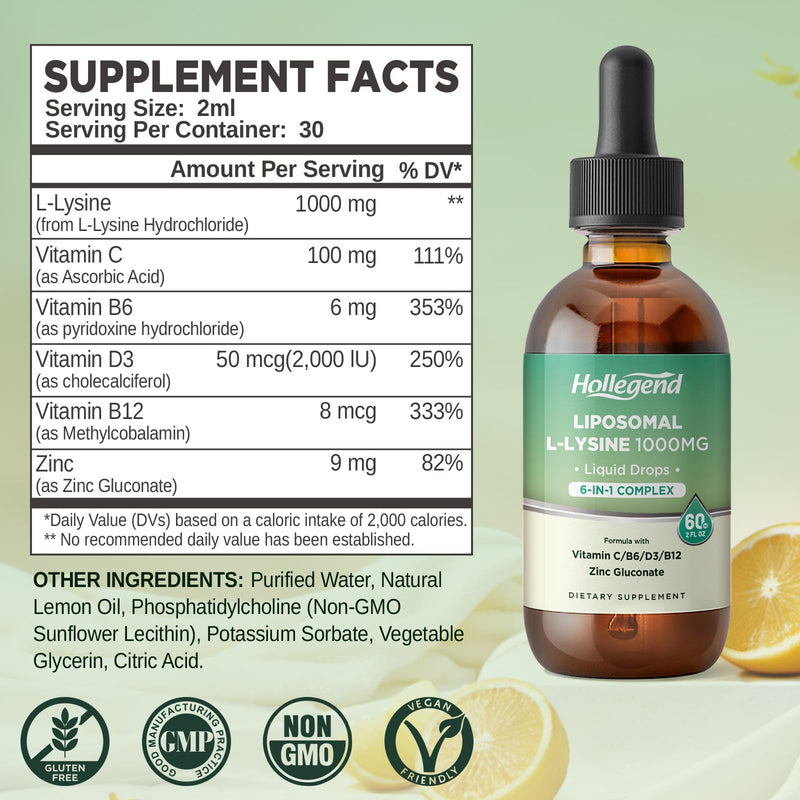 Liposomal L-lysine 1000MG Liquid Drops, Lysine Supplement for Women & Kids with Vitamin C, B6, D3, B12 & Zinc Gluconate, Skin & Lip Health, Immune & Collagen Production Support, Lemon Flavor, 2 fl oz - BeesActive Australia