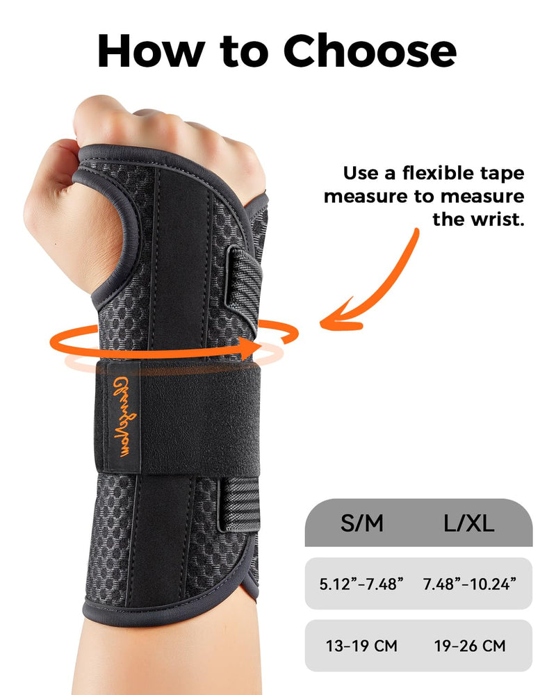 Carpal Tunnel Wrist Brace for Women&Men, [Ultra Breathable & Upgraded Support] Night Wrist Support with Metal Splints Fit Right Hand, Rigid Hand Brace for Tendonitis, Sprain, Arthritis, Pain Relief(Black, S/M, Left Hand) Black