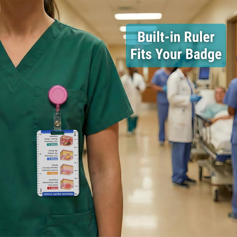 Wound Care Nurse Essentials Cards with Badge Reel – Pressure Injury Staging, Dressing Selection & Braden Scale – Waterproof PVC Reference Guide with Measurement Tools for Home Health, Hospice Nurses