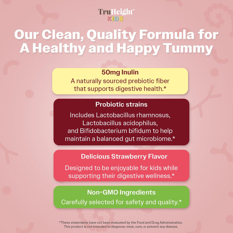 TruHeight Kids Prebiotic & Probiotic Gummies Ages 2+ (Strawberry Flavor) Toddlers & Kids All Natural Gut Health, Digestive Enzymes, Stomache Ache, Constipation Relief Supplement - Pediatric Vitamins 60 Count (Pack of 3)