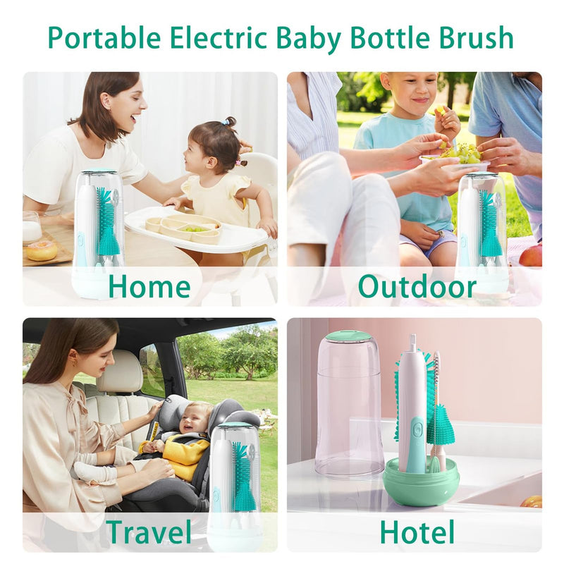 Electric Bottle Brush Cleaner, Electric Baby Bottle Cleaner with Replaceable Silicone Bottle Brushes,Nipple and Straw Brush, Travel Bottle Brush Set with Drainage Rack and Storage Box Green - BeesActive Australia